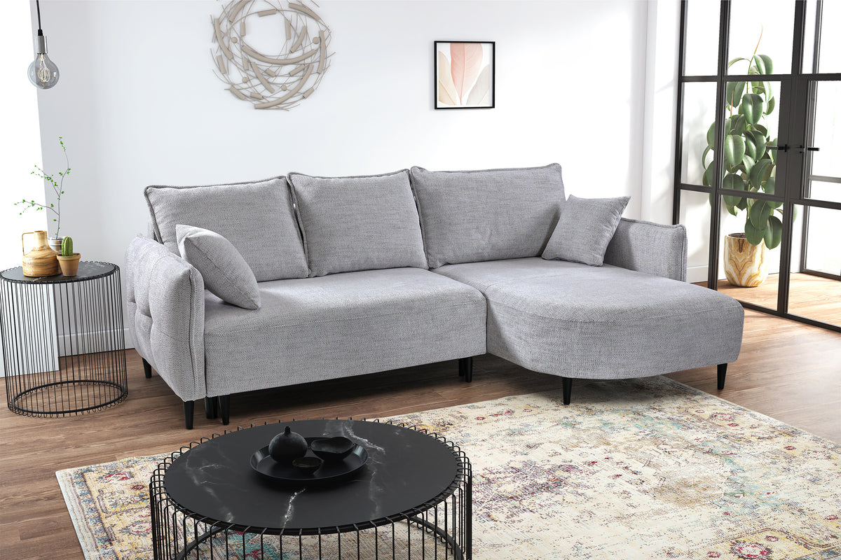 Canapé d'angle avec fonction couchage Oblivio mini en L, côté droit, avec coffre, gris clair tressé