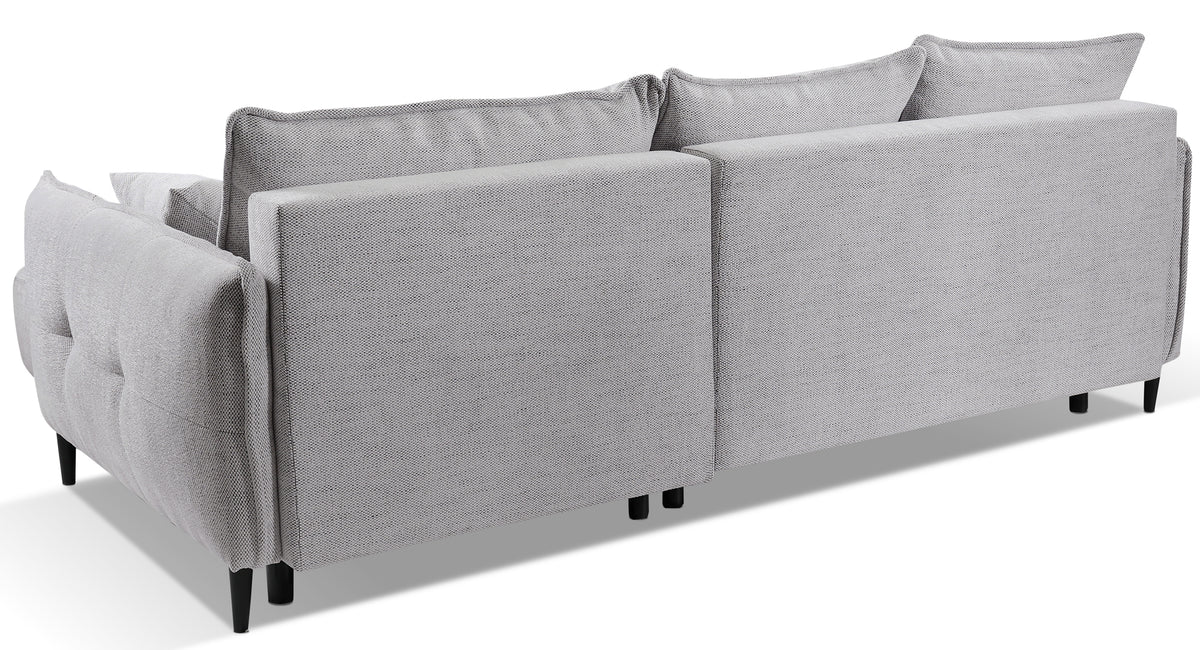 Ecksofa mit Schlaffunktion Oblivio Mini, L-förmig, rechtsseitig, mit Stauraum, hellgrauer Flechtstoff