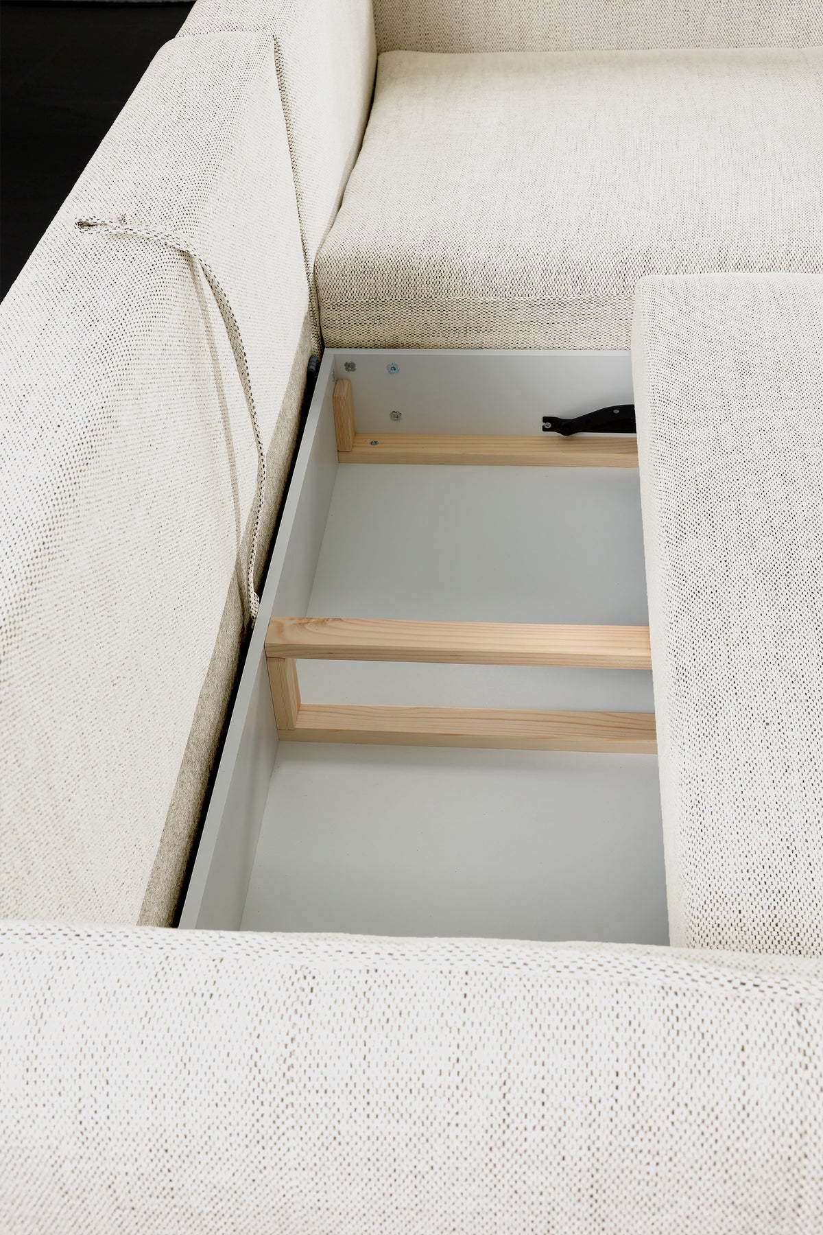 Ecksofa mit Schlaffunktion Oblivio Mini, L-förmig, rechtsseitig, mit Stauraum, beige Flechtmuster