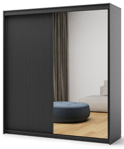 Armoire coulissante Trend 2 portes avec miroir et éclairage 200 cm, façade rainurée noire