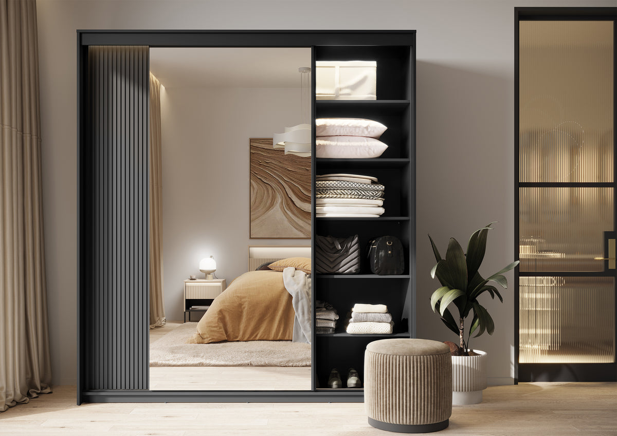 Armoire coulissante Trend 2 portes avec miroir et éclairage 200 cm, façade rainurée noire