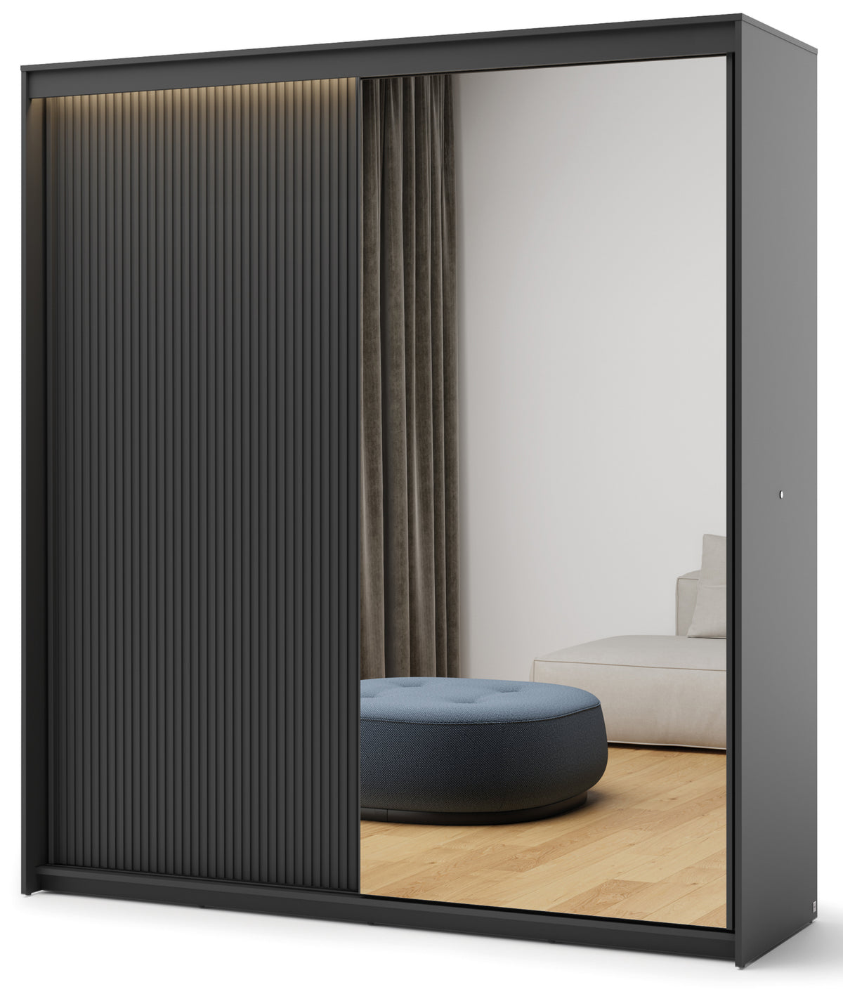 Armoire coulissante Trend 2 portes avec miroir et éclairage 200 cm, façade rainurée noire
