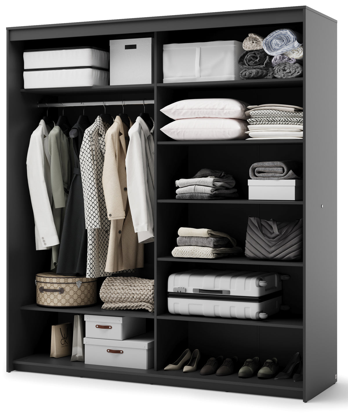 Armoire coulissante Trend 2 portes avec miroir et éclairage 200 cm, façade rainurée noire