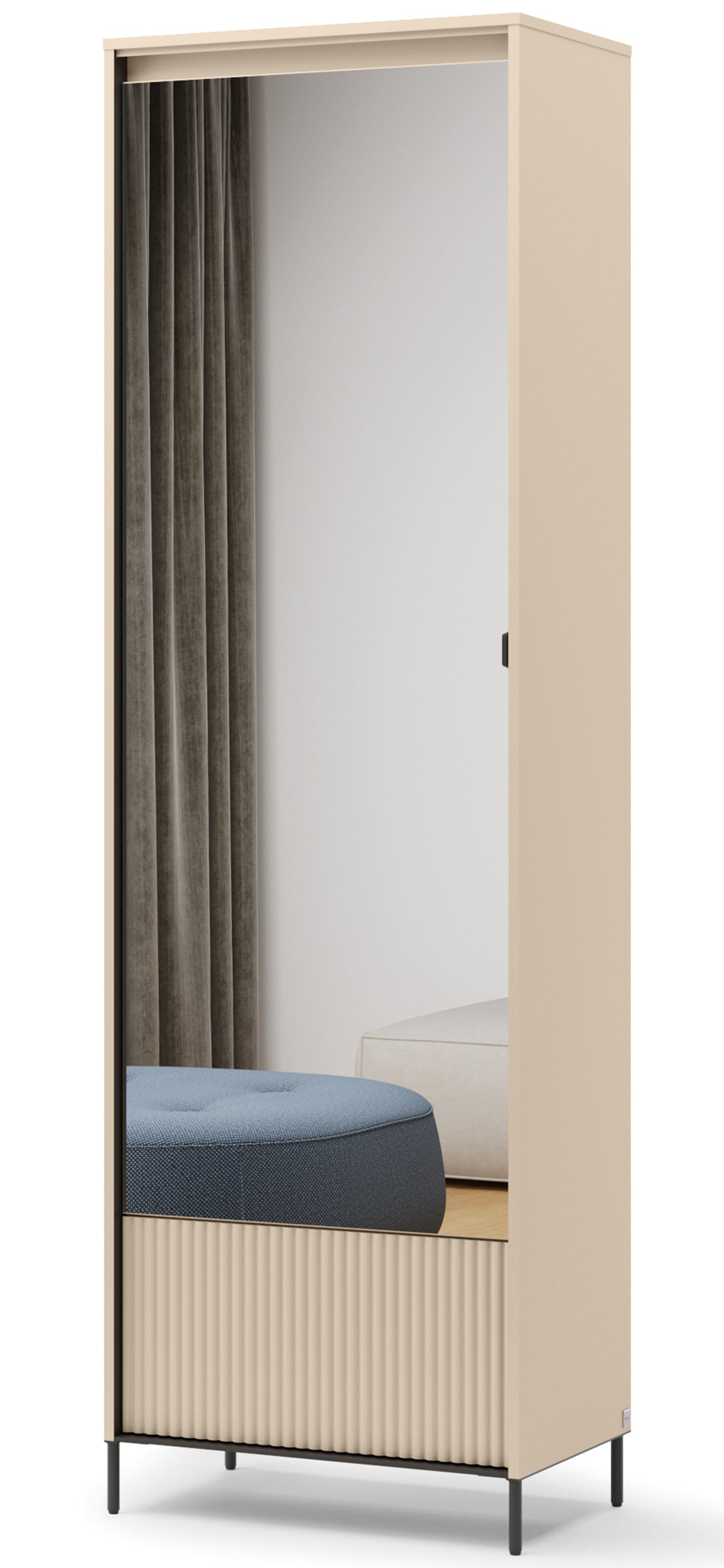 Armoire 1 porte Trend avec miroir et éclairage 65 cm, façade cannelée beige sable / noir