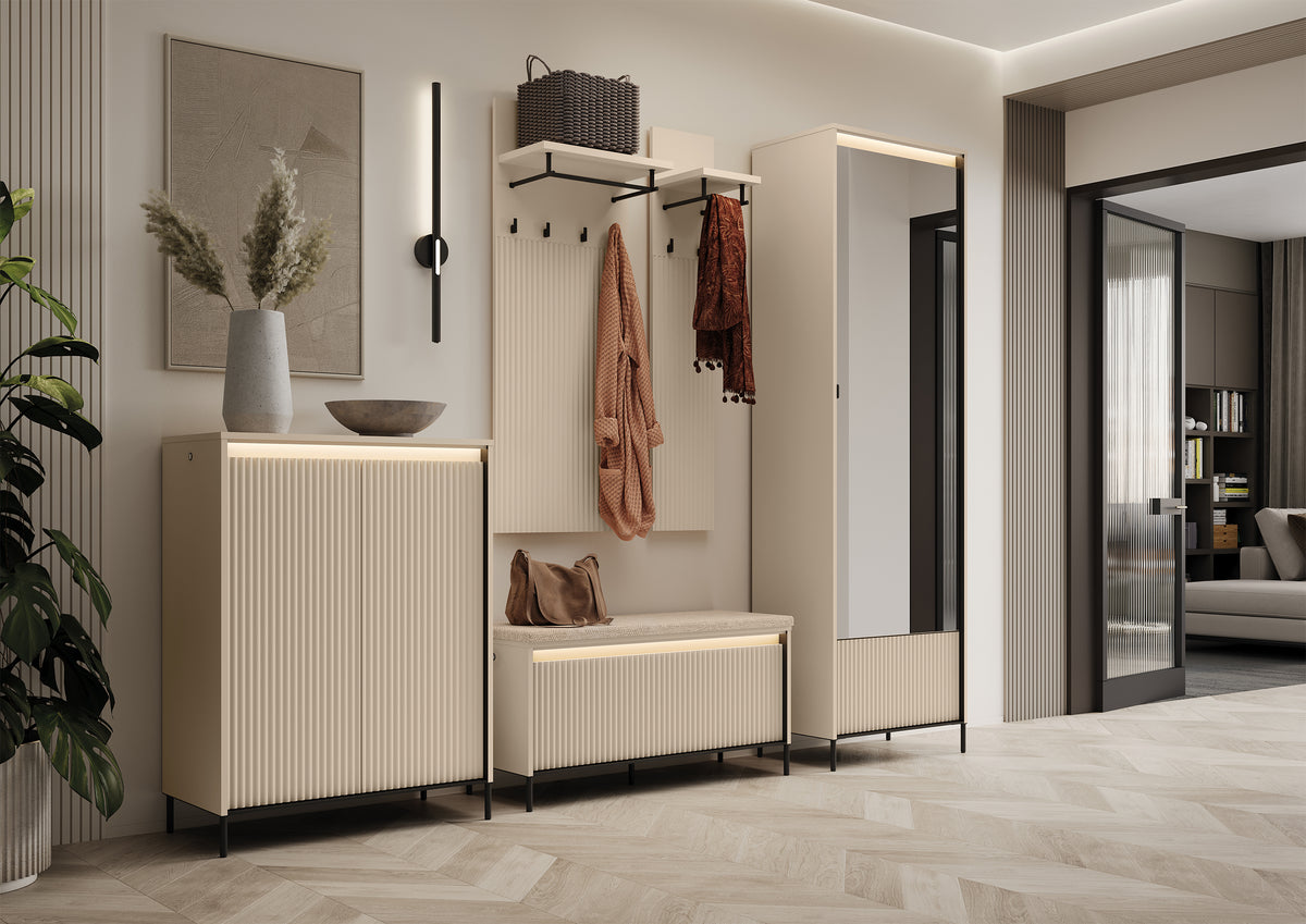 Armoire 1 porte Trend avec miroir et éclairage 65 cm, façade cannelée beige sable / noir
