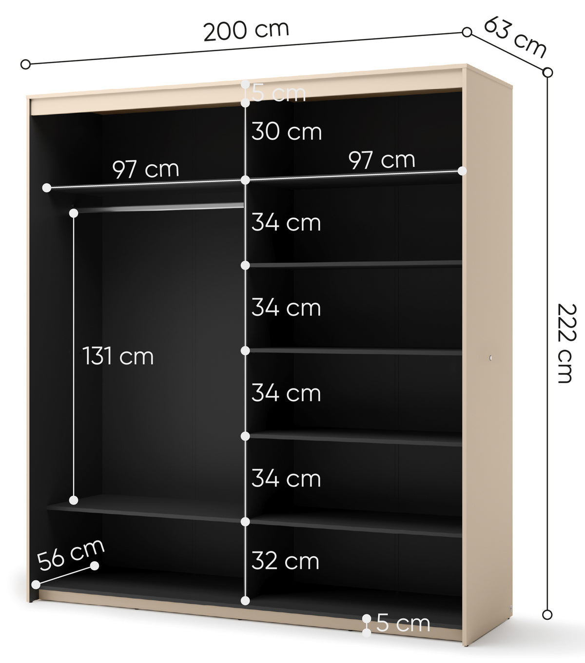 Armoire coulissante Trend 2 portes avec miroir et éclairage 200 cm, façade rainurée noire