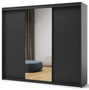 Armoire coulissante Trend trois portes avec miroir et éclairage 250 cm, façades rainurées noires