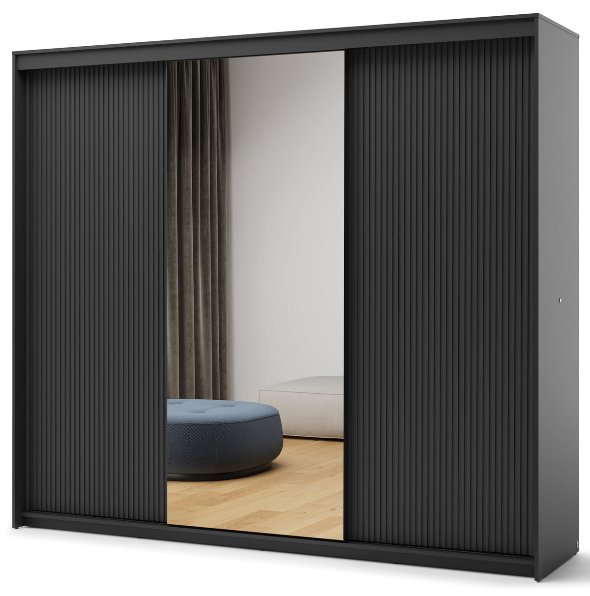 Armoire coulissante Trend trois portes avec miroir et éclairage 250 cm, façades rainurées noires