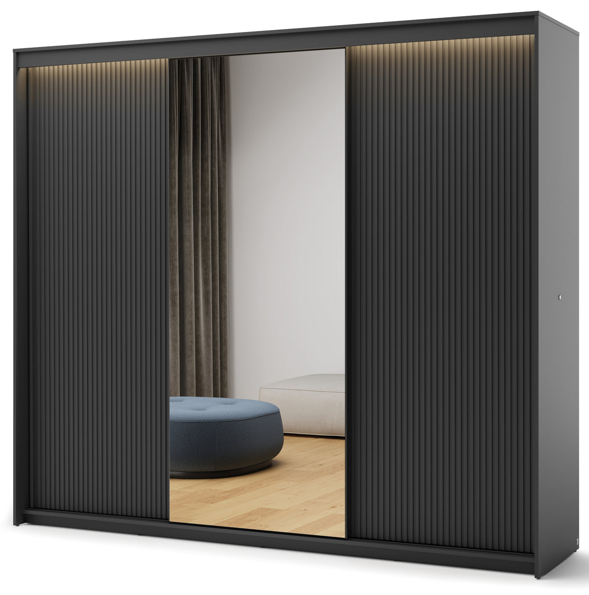Armoire coulissante Trend trois portes avec miroir et éclairage 250 cm, façades rainurées noires