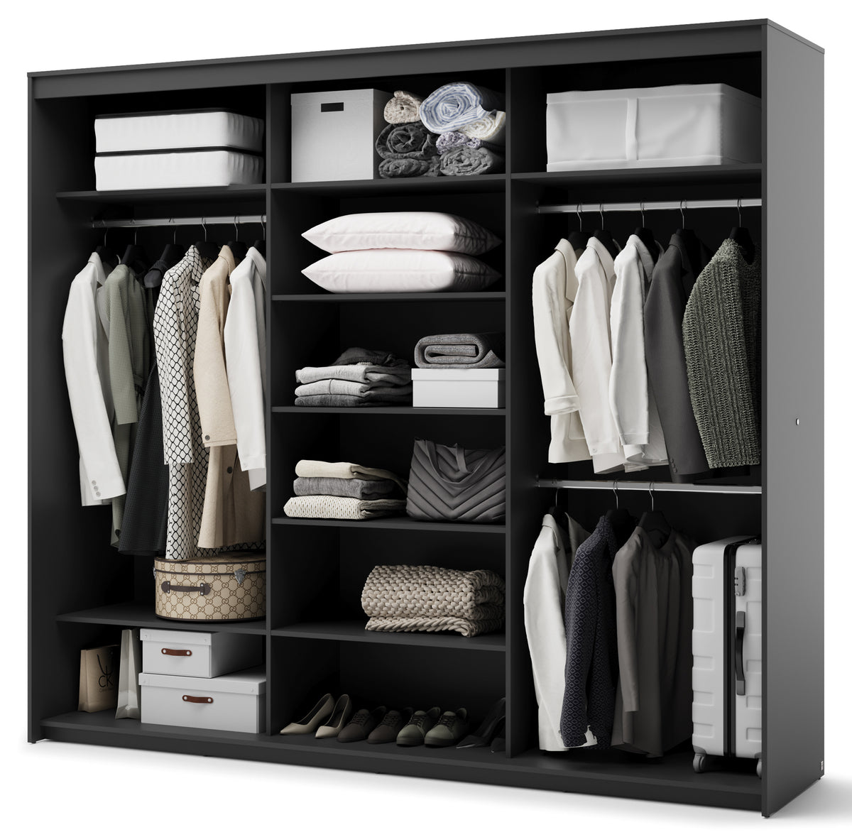 Armoire coulissante Trend trois portes avec miroir et éclairage 250 cm, façades rainurées noires