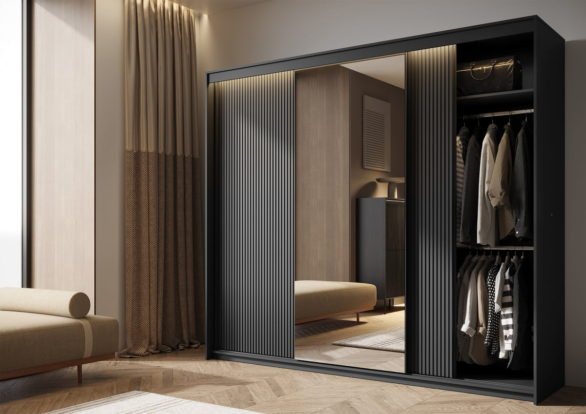 Armoire coulissante Trend trois portes avec miroir et éclairage 250 cm, façades rainurées noires