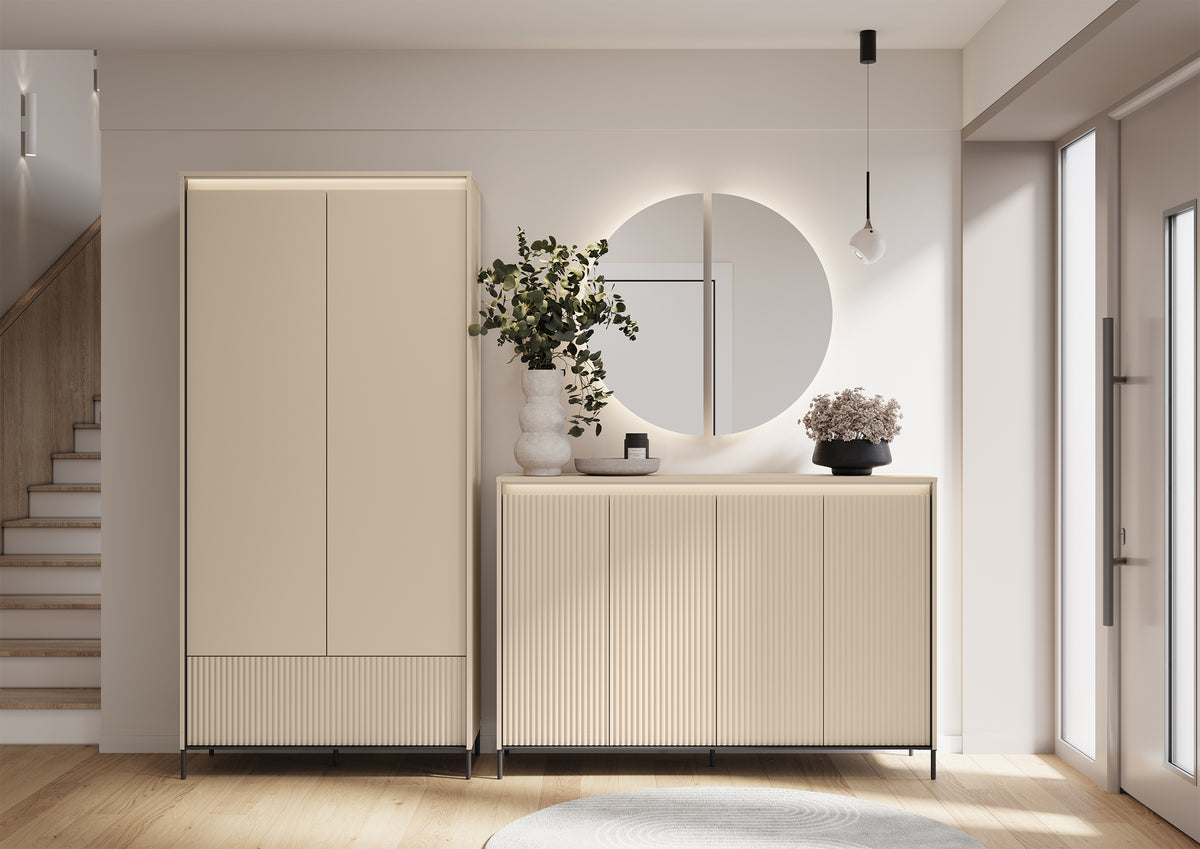 Armoire deux portes Trend avec tiroir et éclairage 101 cm, façades rainurées beige sable / noir