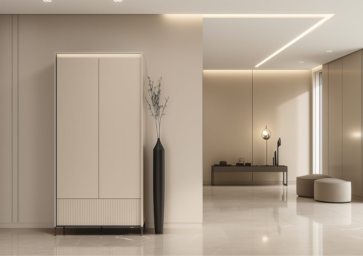 Armoire deux portes Trend avec tiroir et éclairage 101 cm, façades rainurées beige sable / noir