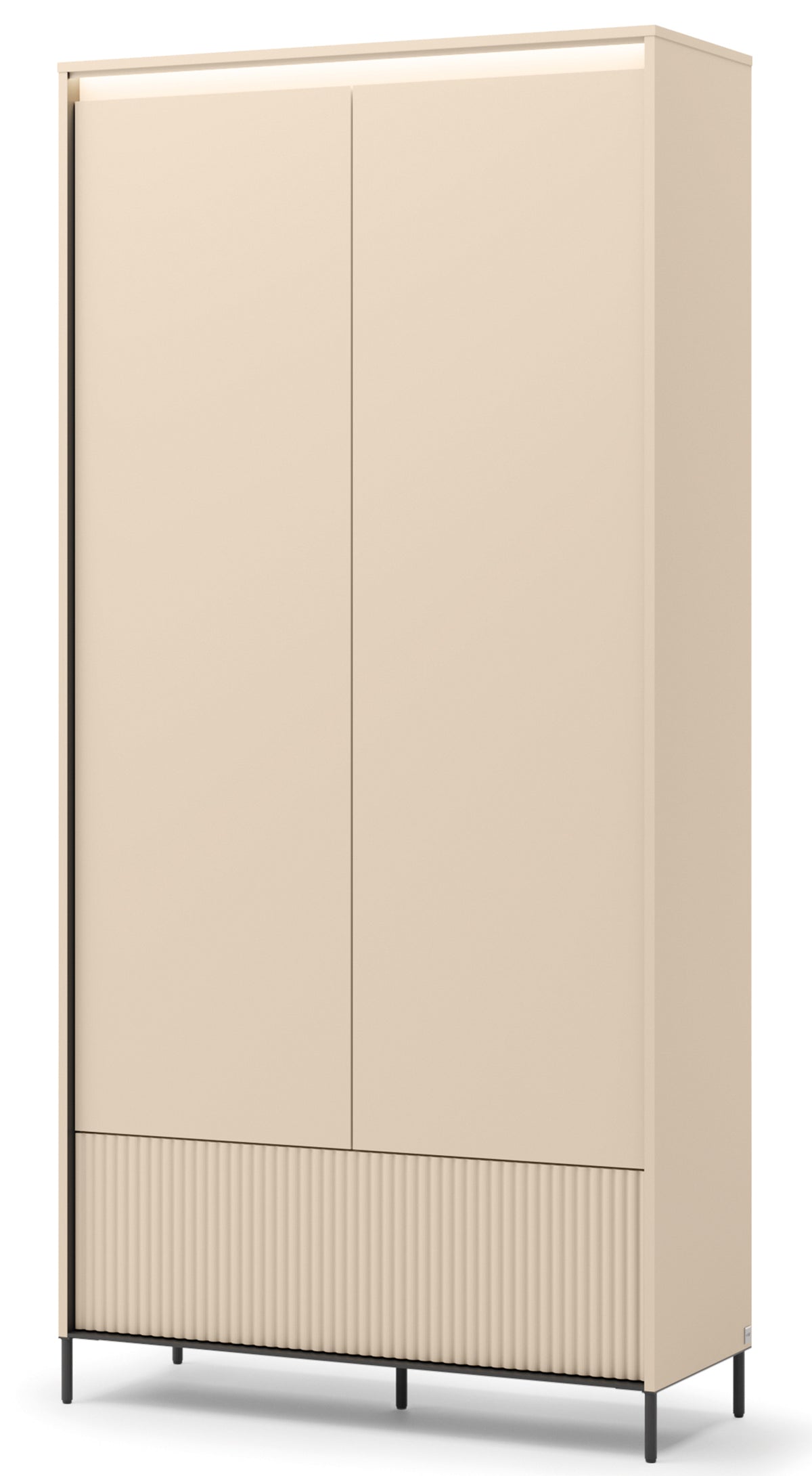 Armoire deux portes Trend avec tiroir et éclairage 101 cm, façades rainurées beige sable / noir