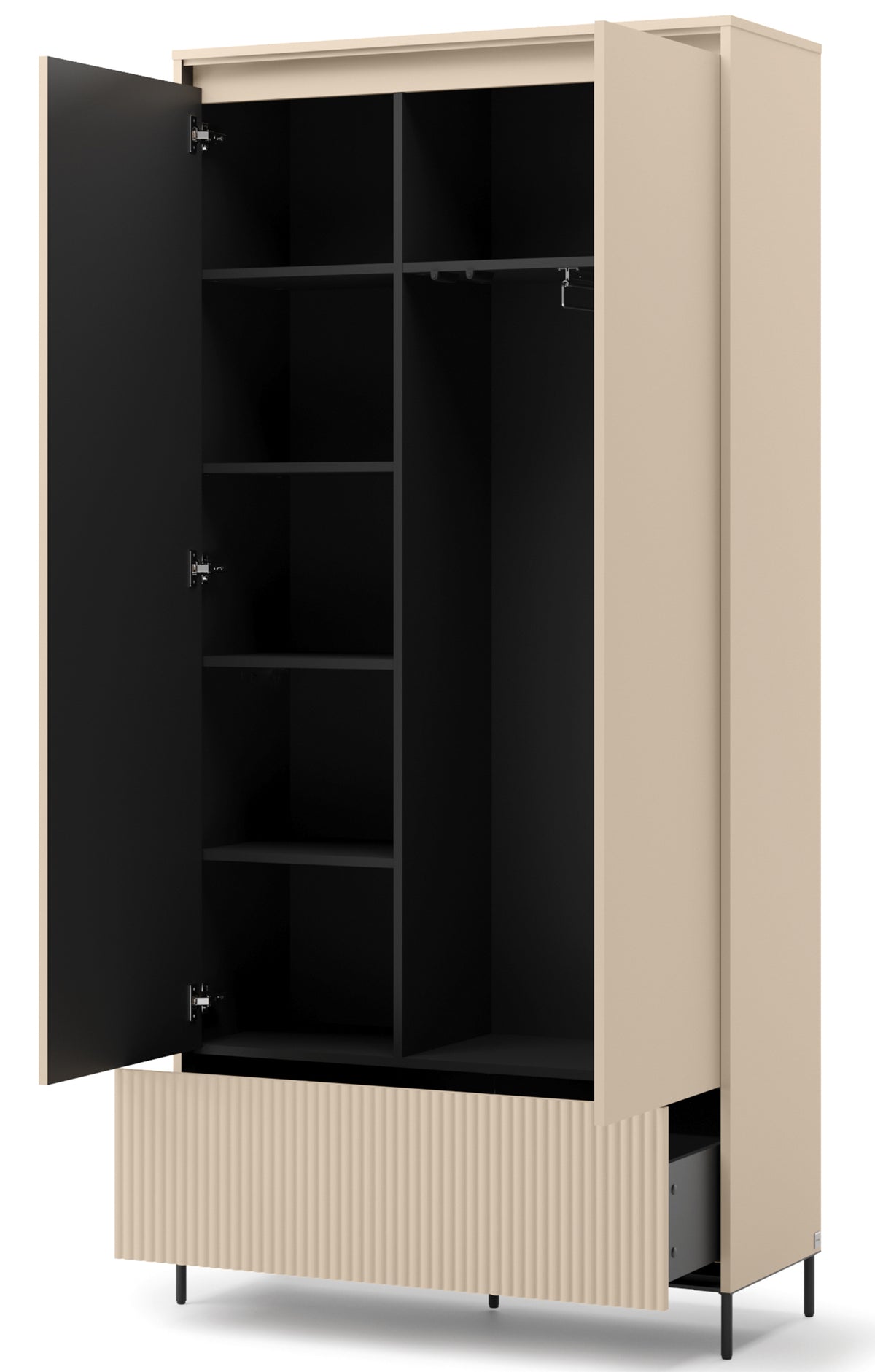 Armoire deux portes Trend avec tiroir et éclairage 101 cm, façades rainurées beige sable / noir