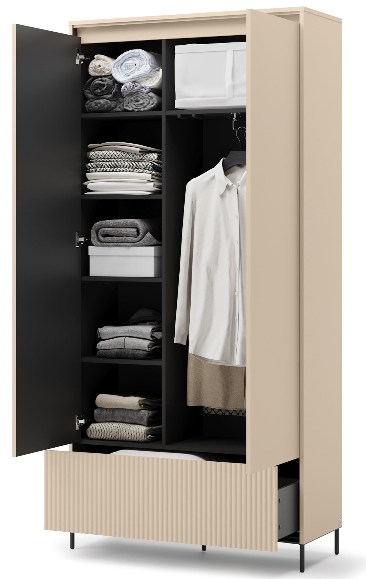 Armoire deux portes Trend avec tiroir et éclairage 101 cm, façades rainurées beige sable / noir