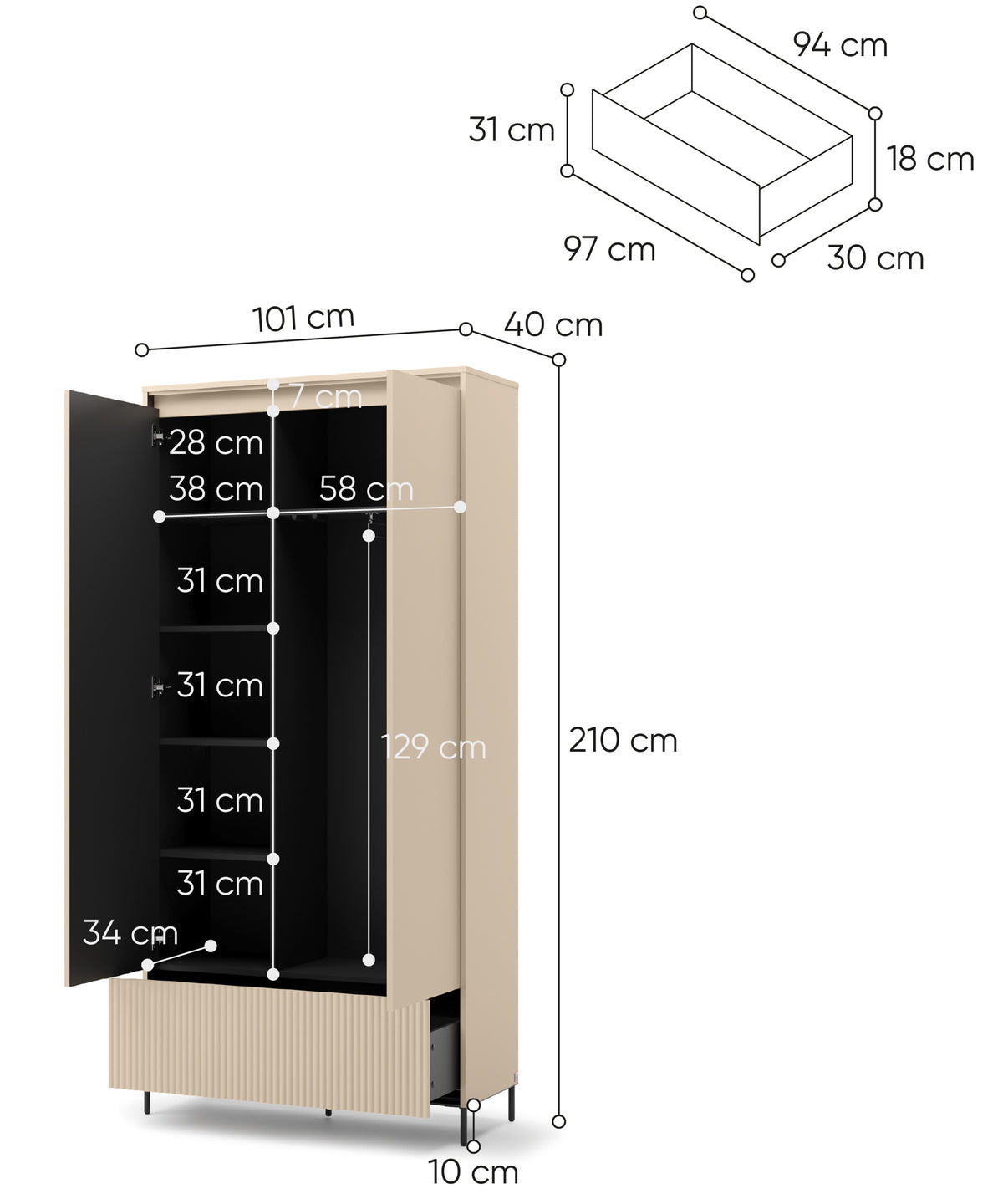 Armoire deux portes Trend avec tiroir et éclairage 101 cm, façades rainurées beige sable / noir