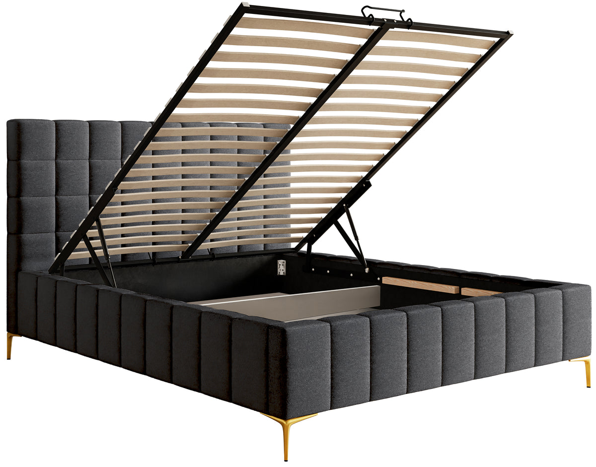 Gepolstertes Bett 160x200 cm Szejlo mit Stauraum, Metallrahmen, dunkelgrauer Chenille-Stoff