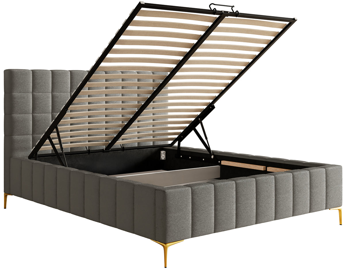 Lit tapissé 180x200 cm Szejlo avec rangement cadre métallique gris chiné