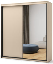 Armoire coulissante Trend 2 portes avec miroir et éclairage 200 cm, façade rainurée beige sable / noir
