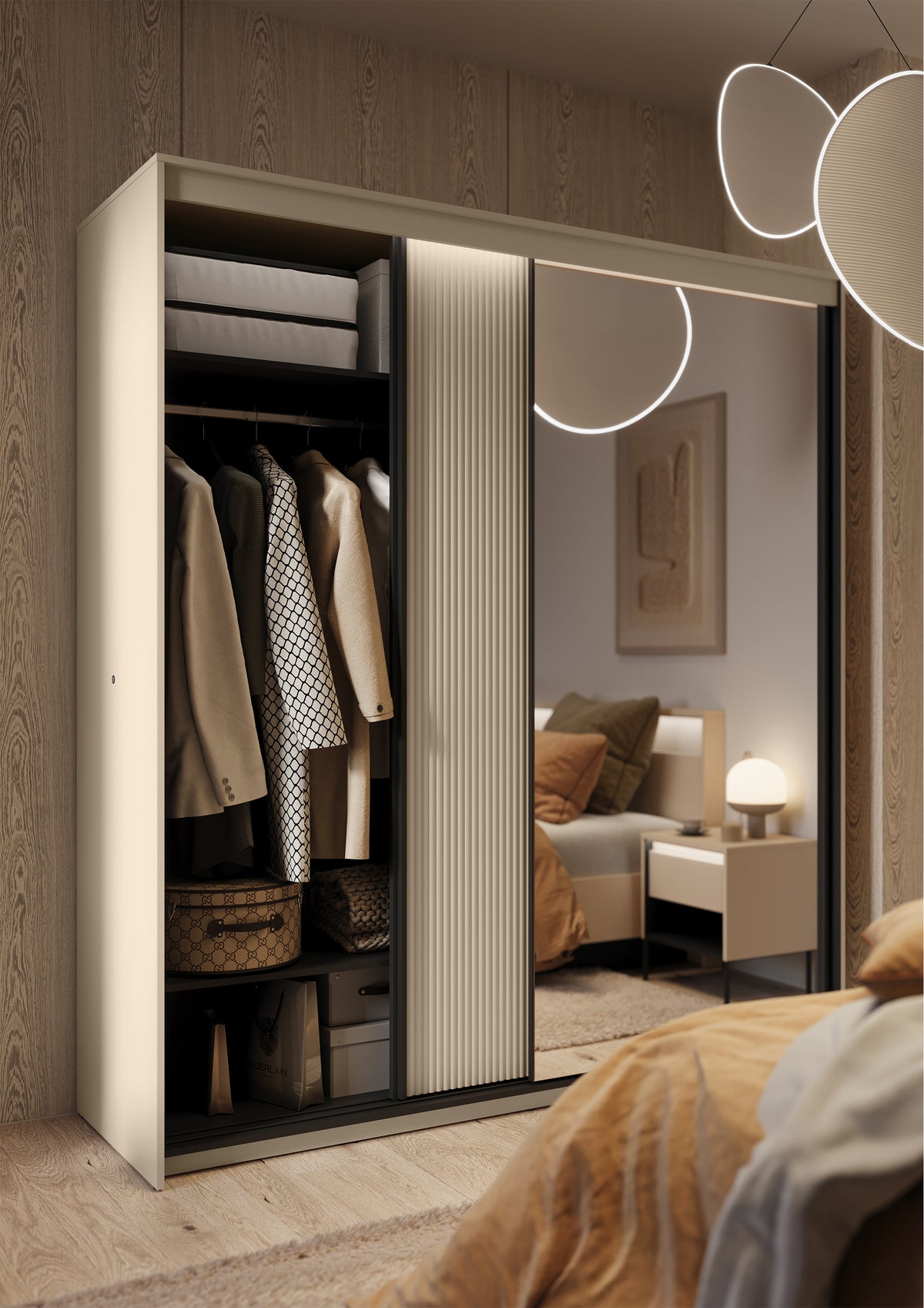 Armoire coulissante Trend 2 portes avec miroir et éclairage 200 cm, façade rainurée beige sable / noir