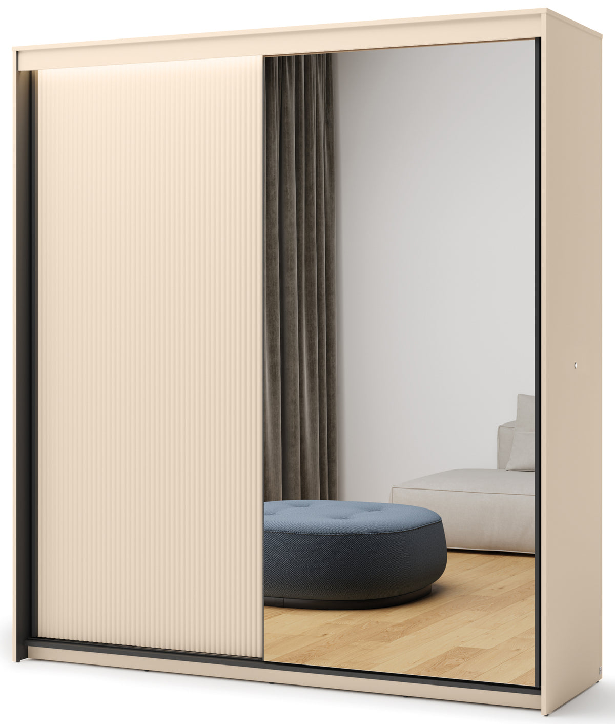 Armoire coulissante Trend 2 portes avec miroir et éclairage 200 cm, façade rainurée beige sable / noir