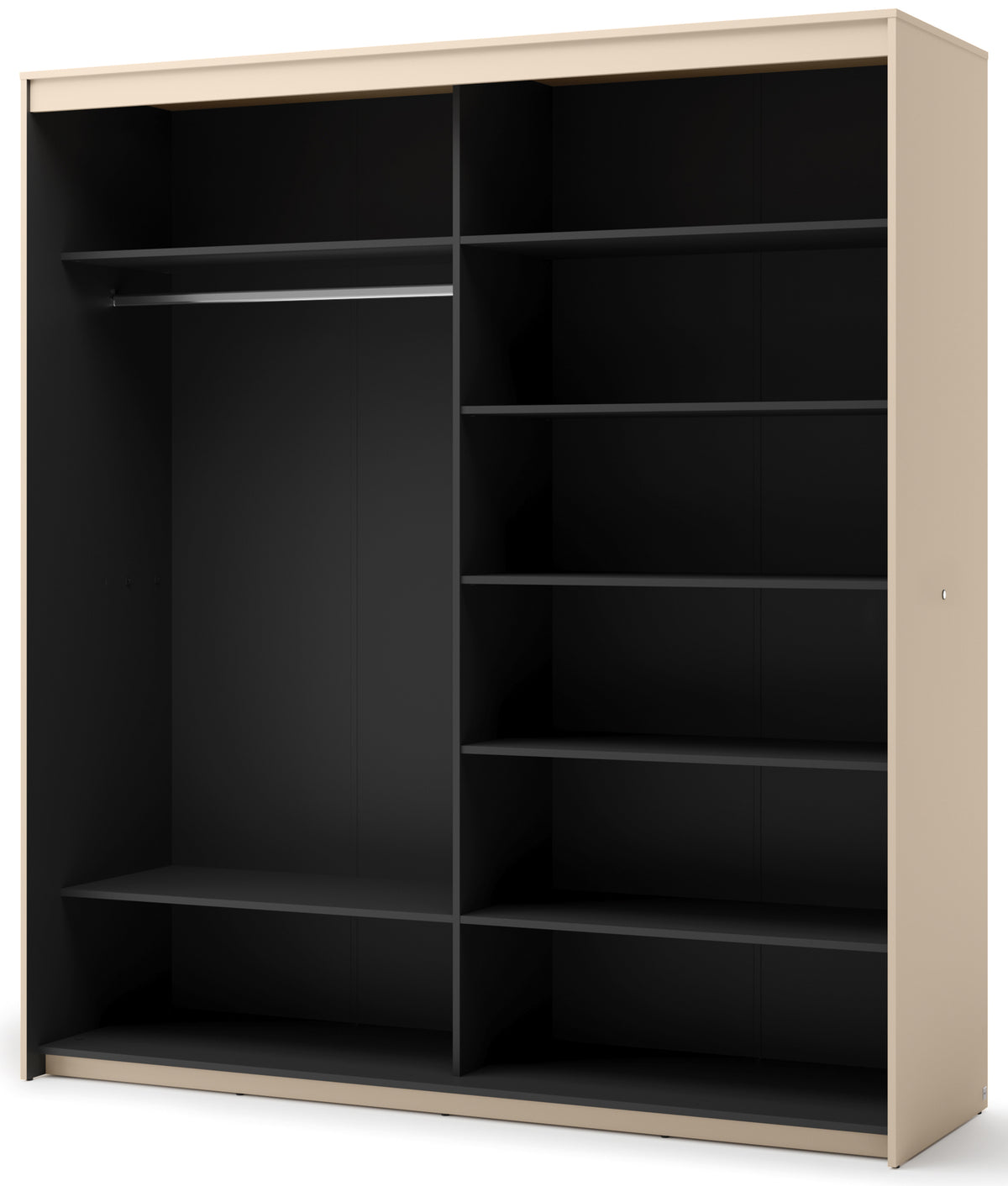 Armoire coulissante Trend 2 portes avec miroir et éclairage 200 cm, façade rainurée beige sable / noir