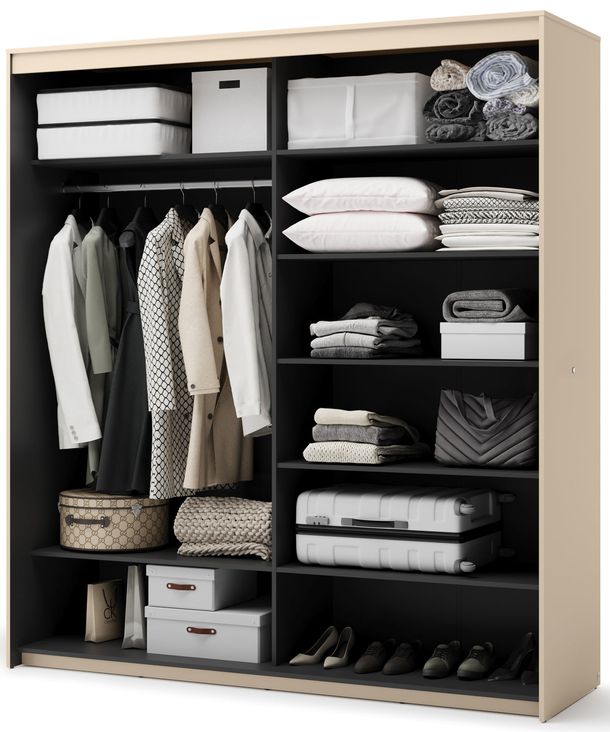 Armoire coulissante Trend 2 portes avec miroir et éclairage 200 cm, façade rainurée beige sable / noir