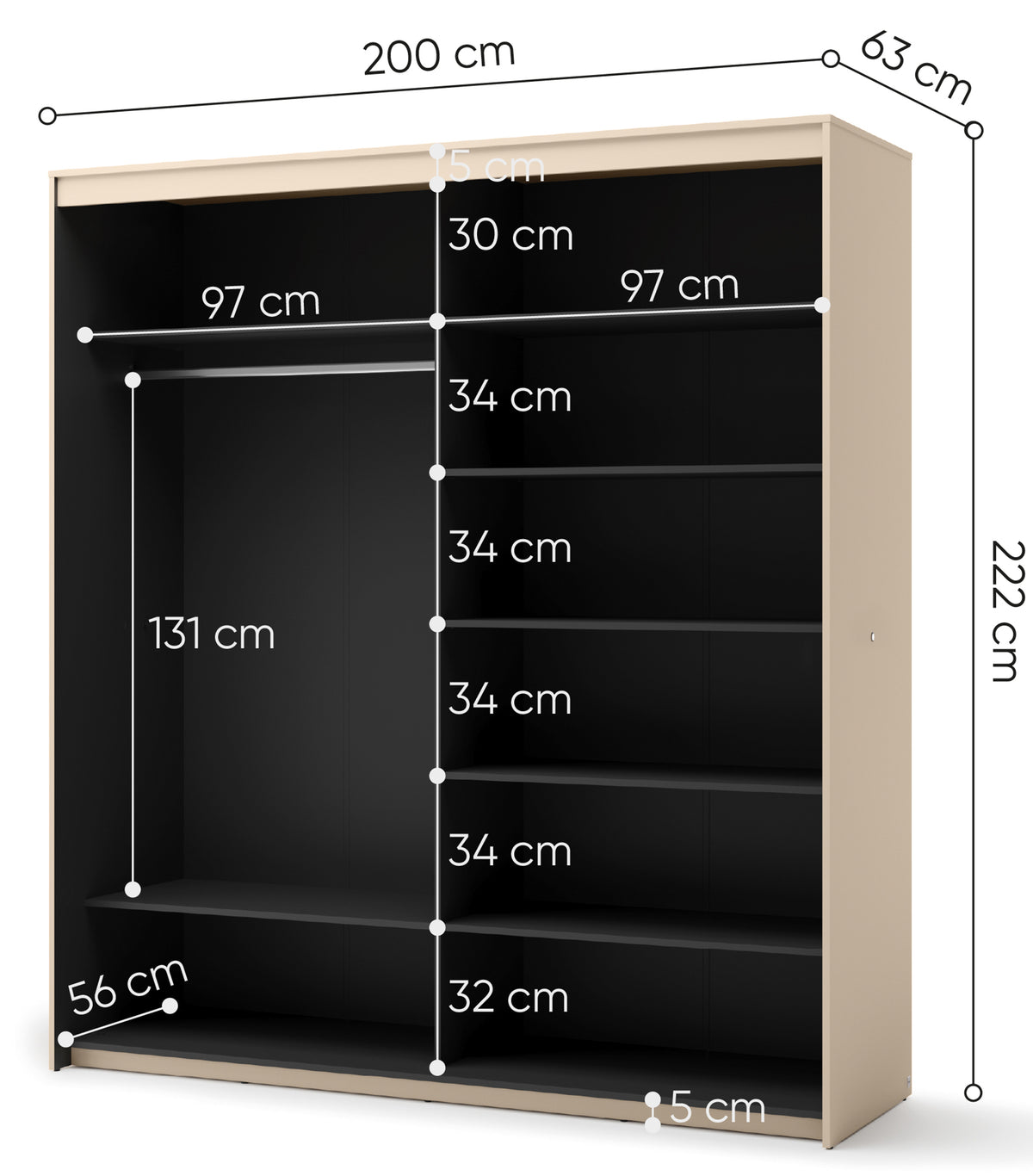 Armoire coulissante Trend 2 portes avec miroir et éclairage 200 cm, façade rainurée beige sable / noir