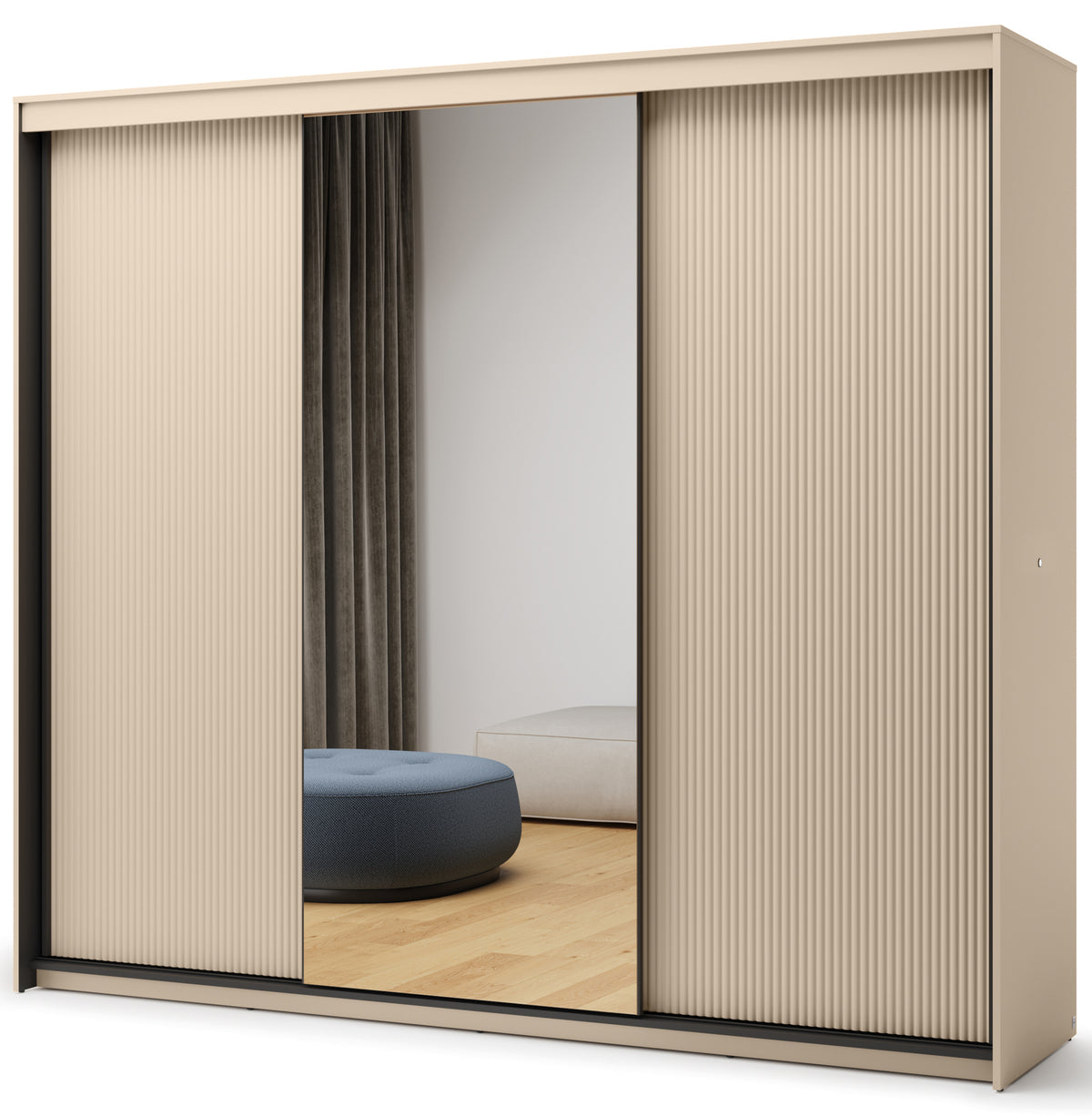 Armoire coulissante Trend trois portes avec miroir et éclairage 250 cm, façades rainurées beige sable / noir