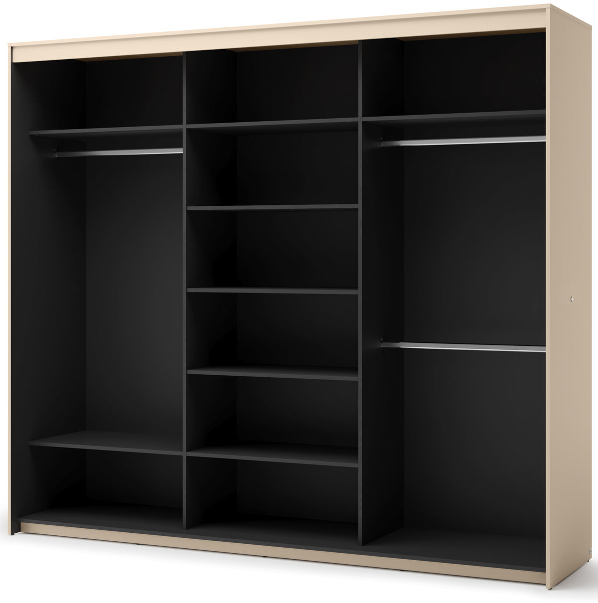 Trend Schiebetürenschrank, dreitürig, mit Spiegel und Beleuchtung, 250 cm, gerillte Fronten, sandbeige / schwarz
