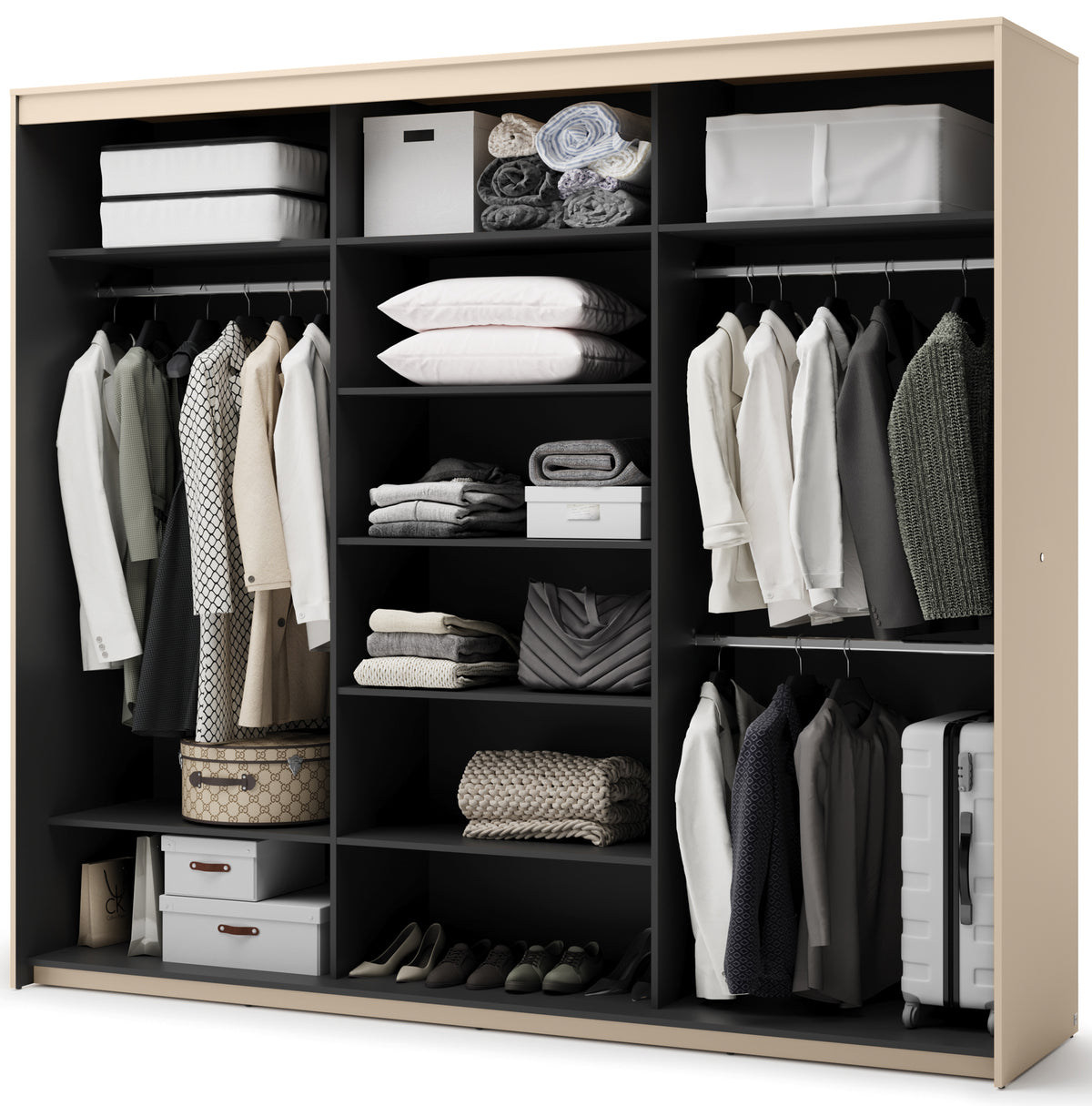 Trend Schiebetürenschrank, dreitürig, mit Spiegel und Beleuchtung, 250 cm, gerillte Fronten, sandbeige / schwarz