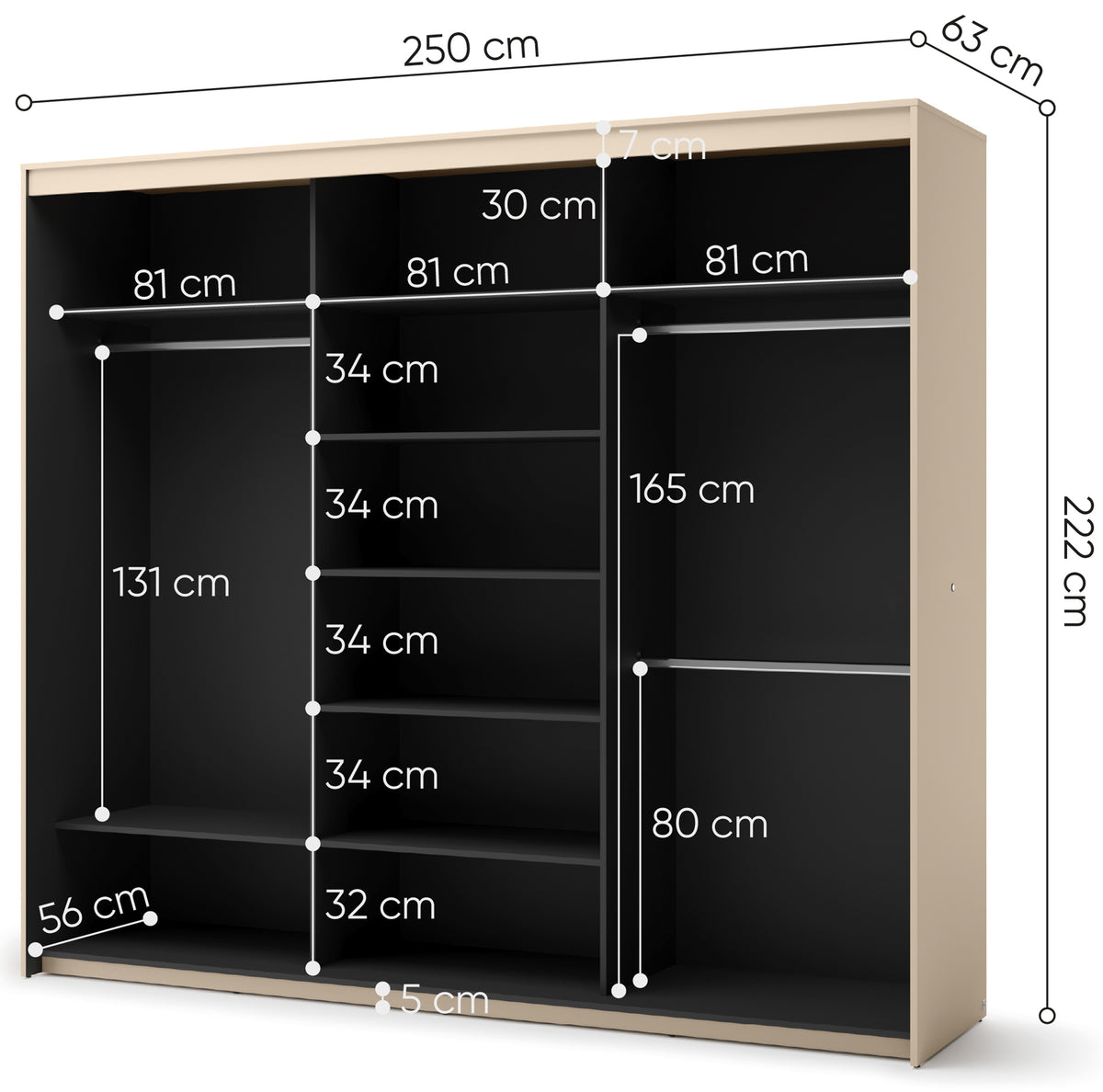 Trend Schiebetürenschrank, dreitürig, mit Spiegel und Beleuchtung, 250 cm, gerillte Fronten, sandbeige / schwarz