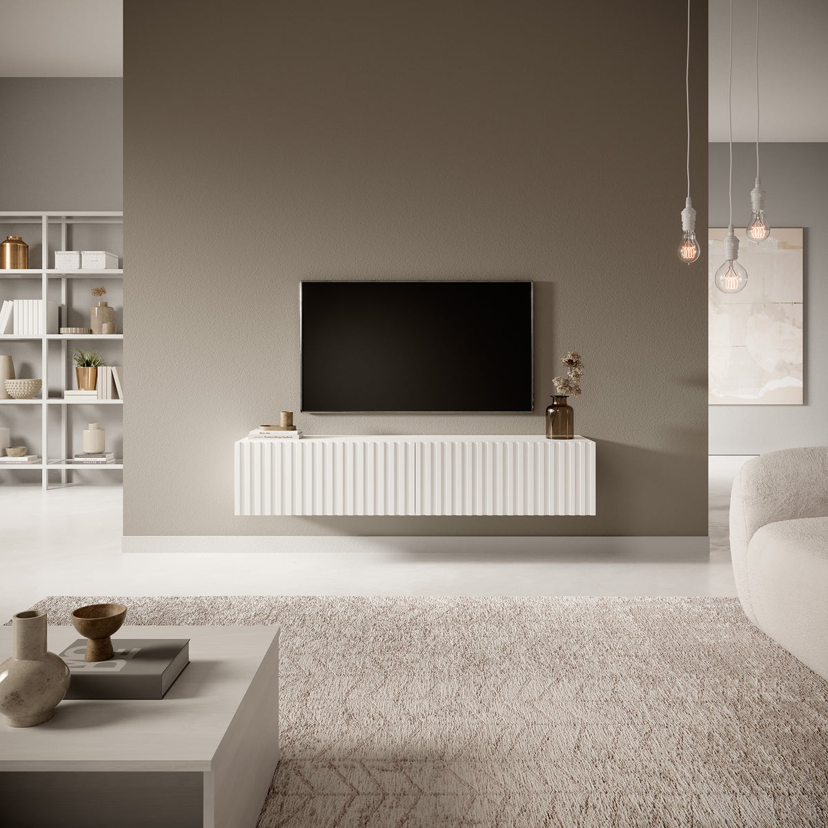 Meuble TV Telire 138,6 cm Blanc avec façade à lamelles