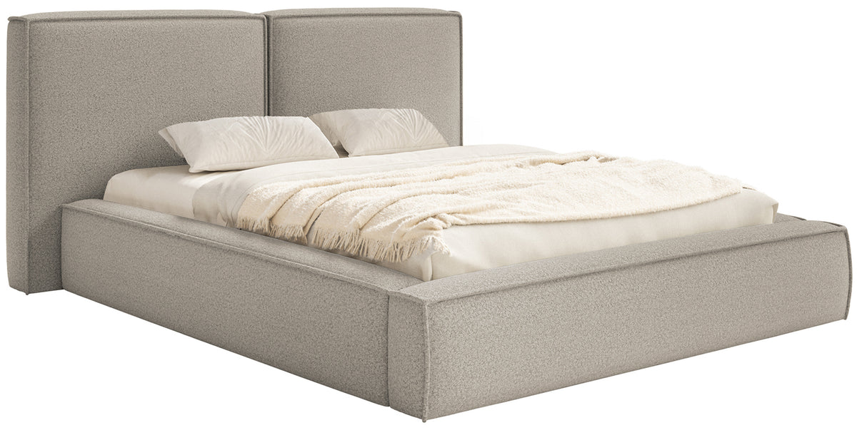Gepolstertes Bett 200x200 cm Tilves mit Stauraum, Metallrahmen, grau-braunes Bouclé