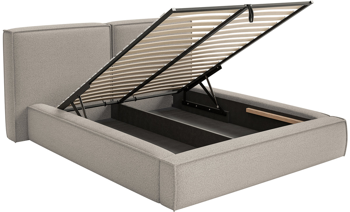 Gepolstertes Bett 200x200 cm Tilves mit Stauraum, Metallrahmen, grau-braunes Bouclé
