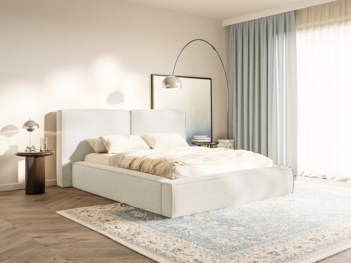 Lit tapissé 160x200 cm Tilves avec rangement, cadre métallique, bouclé crème