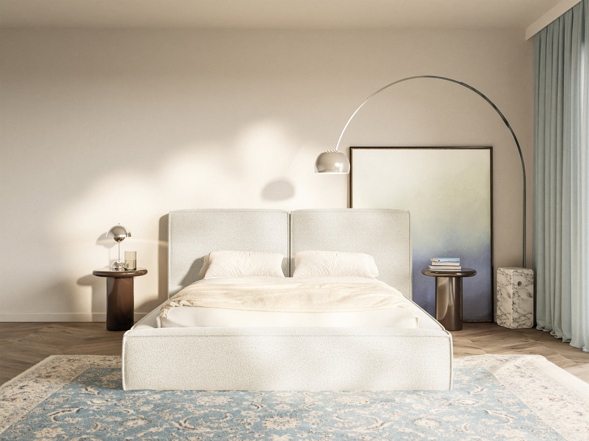 Lit tapissé 160x200 cm Tilves avec rangement, cadre métallique, bouclé crème