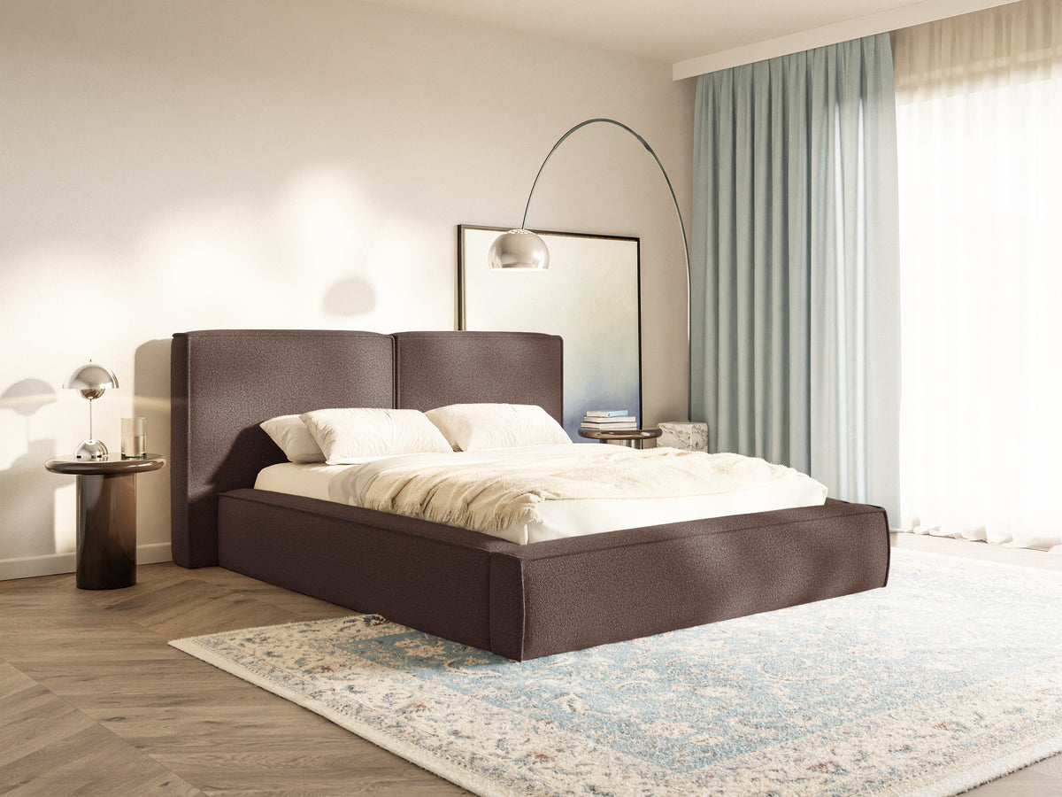 Gepolstertes Bett 160x200 cm Tilves mit Stauraum, Metallrahmen, braunes Bouclé