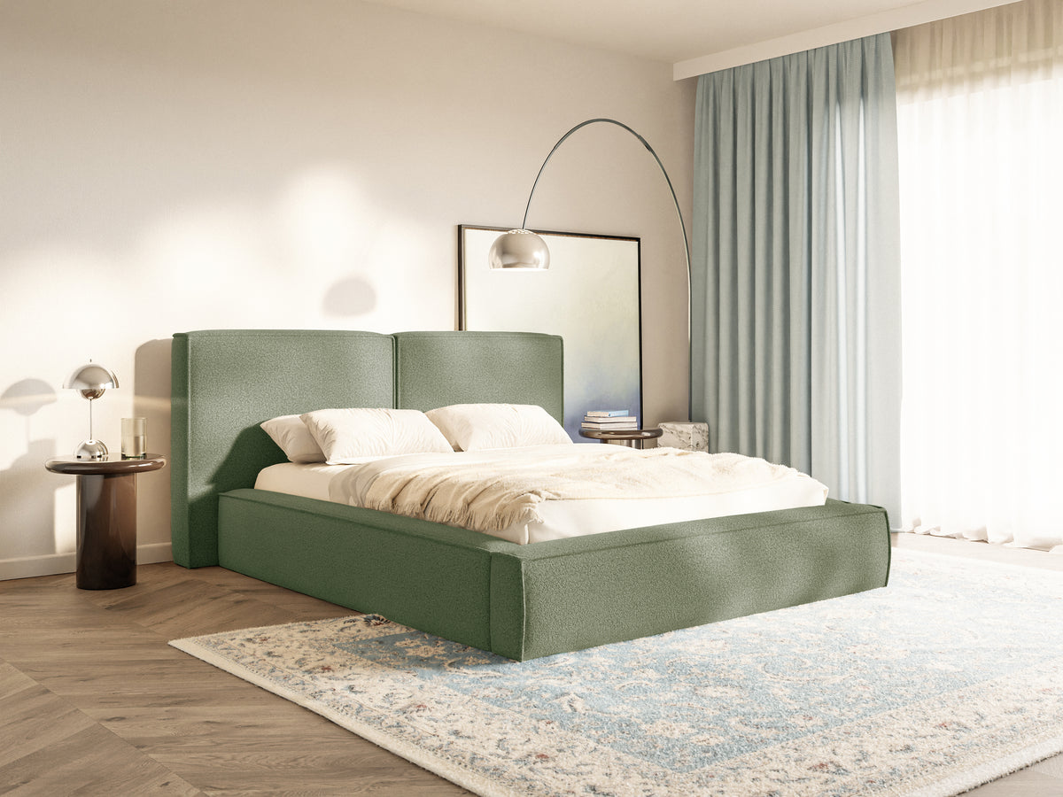 Polsterbett 160x200 cm Tilves mit Stauraum, Metallrahmen, olivgrünes Bouclé