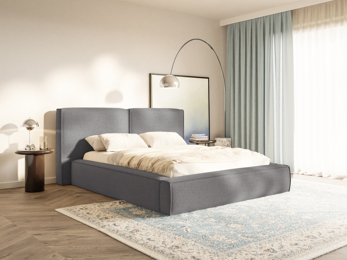 Polsterbett 180x200 cm Tilves mit Stauraum, Metallrahmen, dunkelgrauer Bouclé-Stoff