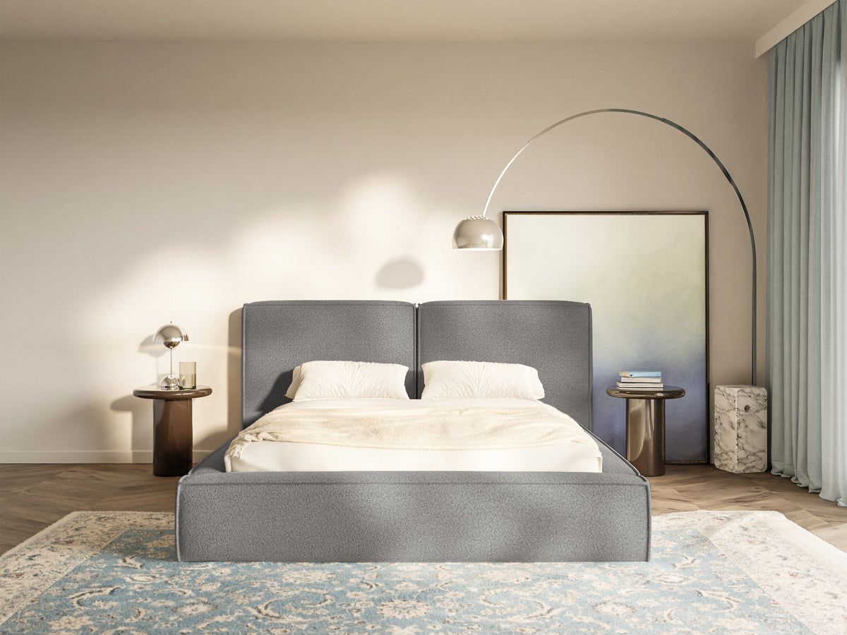 Polsterbett 180x200 cm Tilves mit Stauraum, Metallrahmen, dunkelgrauer Bouclé-Stoff
