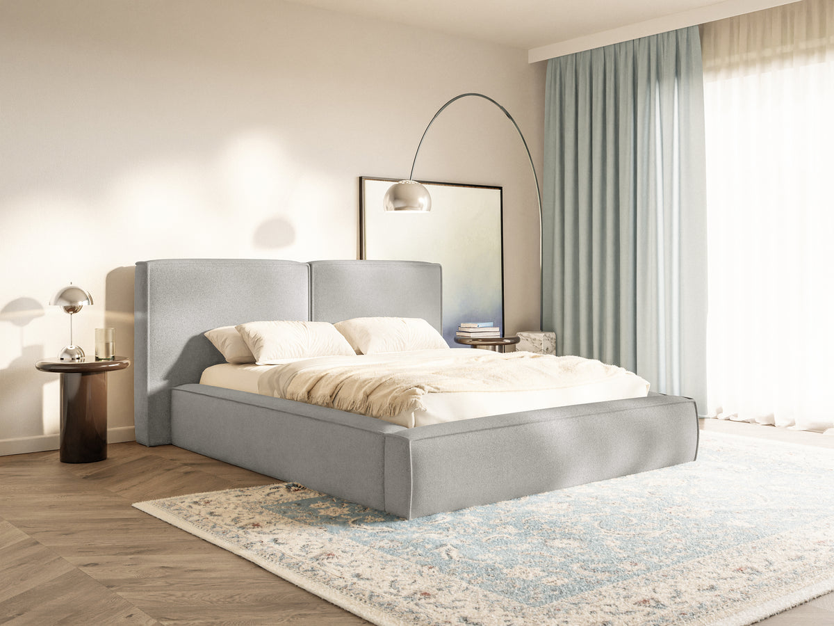 Polsterbett 180x200 cm Tilves mit Stauraum, Metallrahmen, hellgrauer Chenillestoff