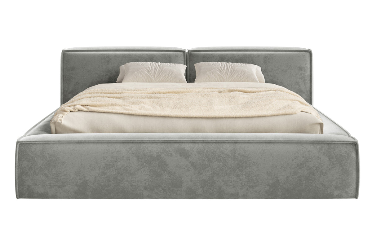Polsterbett 200x200 cm Tilves Low mit Stauraum, Metallrahmen, grauer Samt