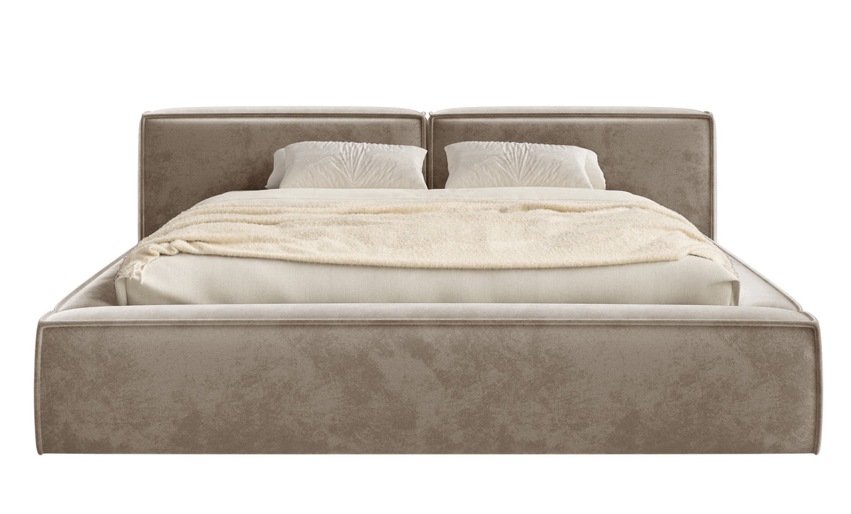 Lit tapissé 180x200 cm Tilves Low avec rangement, cadre métallique, velours marron clair