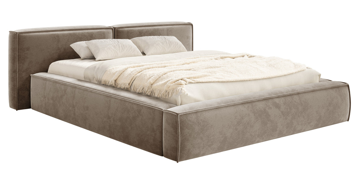 Lit tapissé 180x200 cm Tilves Low avec rangement, cadre métallique, velours marron clair