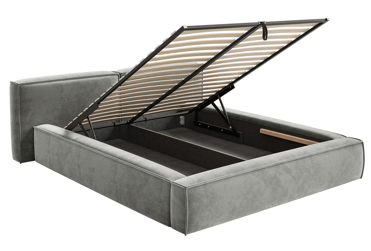 Polsterbett 200x200 cm Tilves Low mit Stauraum, Metallrahmen, grauer Samt