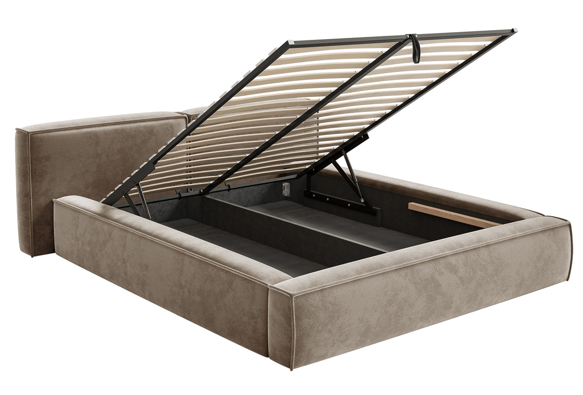 Lit tapissé 180x200 cm Tilves Low avec rangement, cadre métallique, velours marron clair