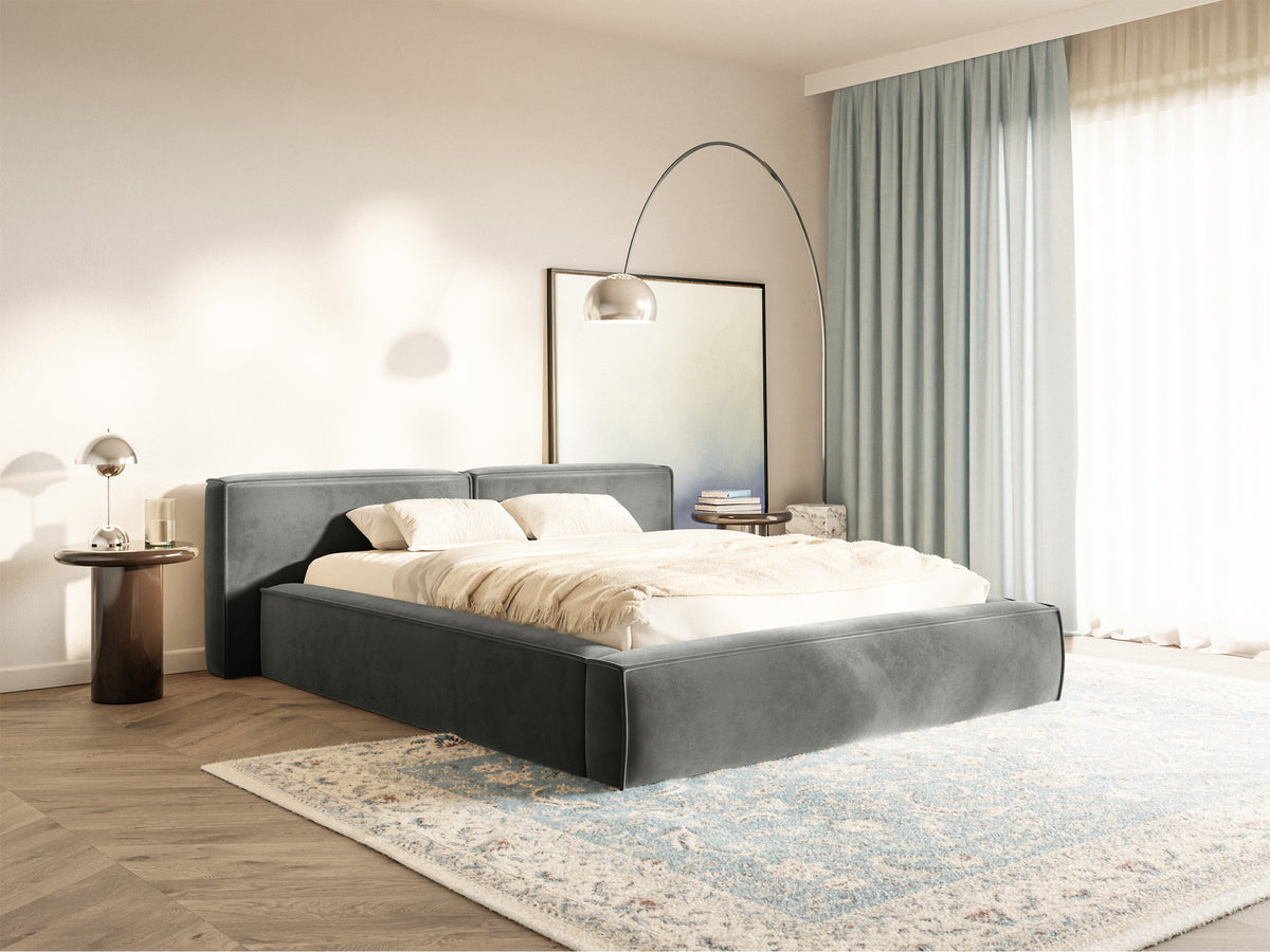 Polsterbett 200x200 cm Tilves Low mit Stauraum, Metallrahmen, grauer Samt