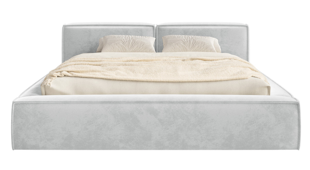 Polsterbett 160x200 cm Tilves Slim Low mit Stauraum, Metallrahmen, hellgrauer Samt